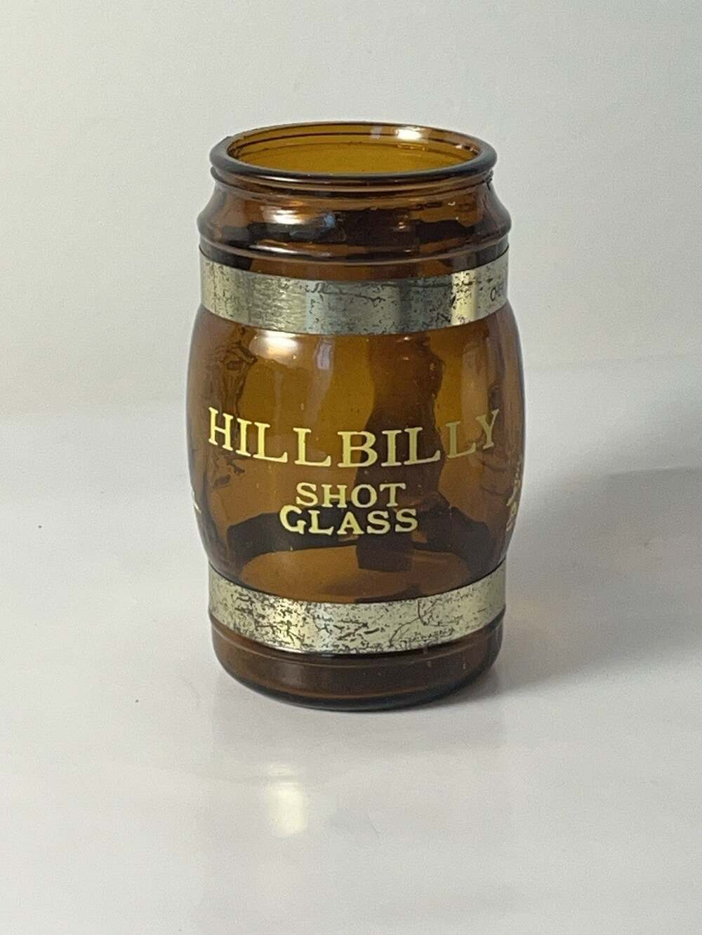Vintage Hillbilly Shot Glass Mug Amber Glass Wood Handle Metal Bands Taiwan